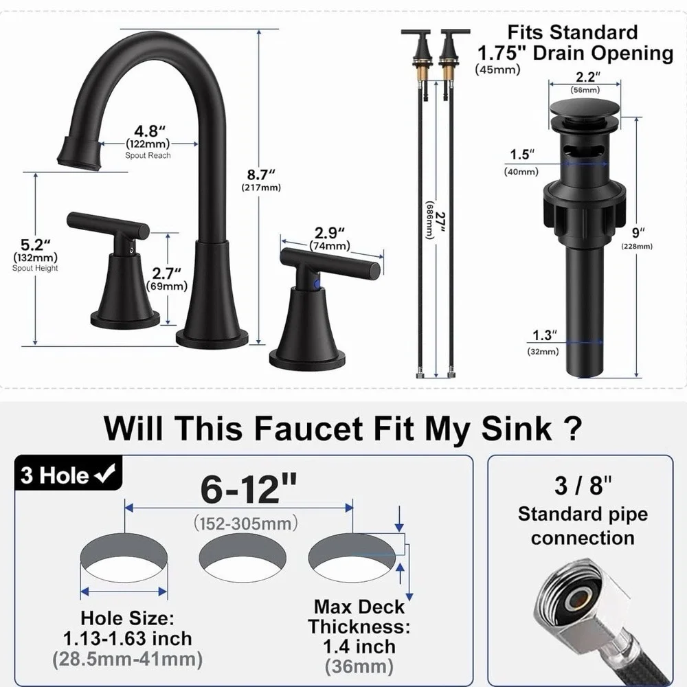 (2 Pack) Bathroom Faucets for 2 or 3 Hole Sink with Pop-Up Drain - Matte Black